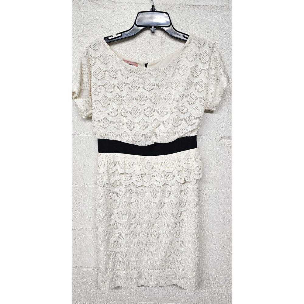 PHOEBE COUTURE Cream Lace Contrast Black Belt Ruffles Cocktail Dress 8 Fairy